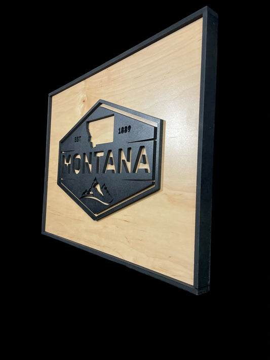 Framed Montana Emblem Sign with Black Frame and Birch Background