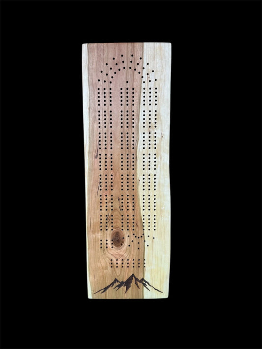 Cherry Live Edge Cribbage Board with Mountain engraving