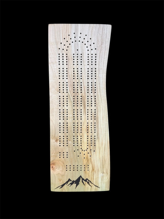 Maple Live Edge Cribbage Board with Mountain engraving
