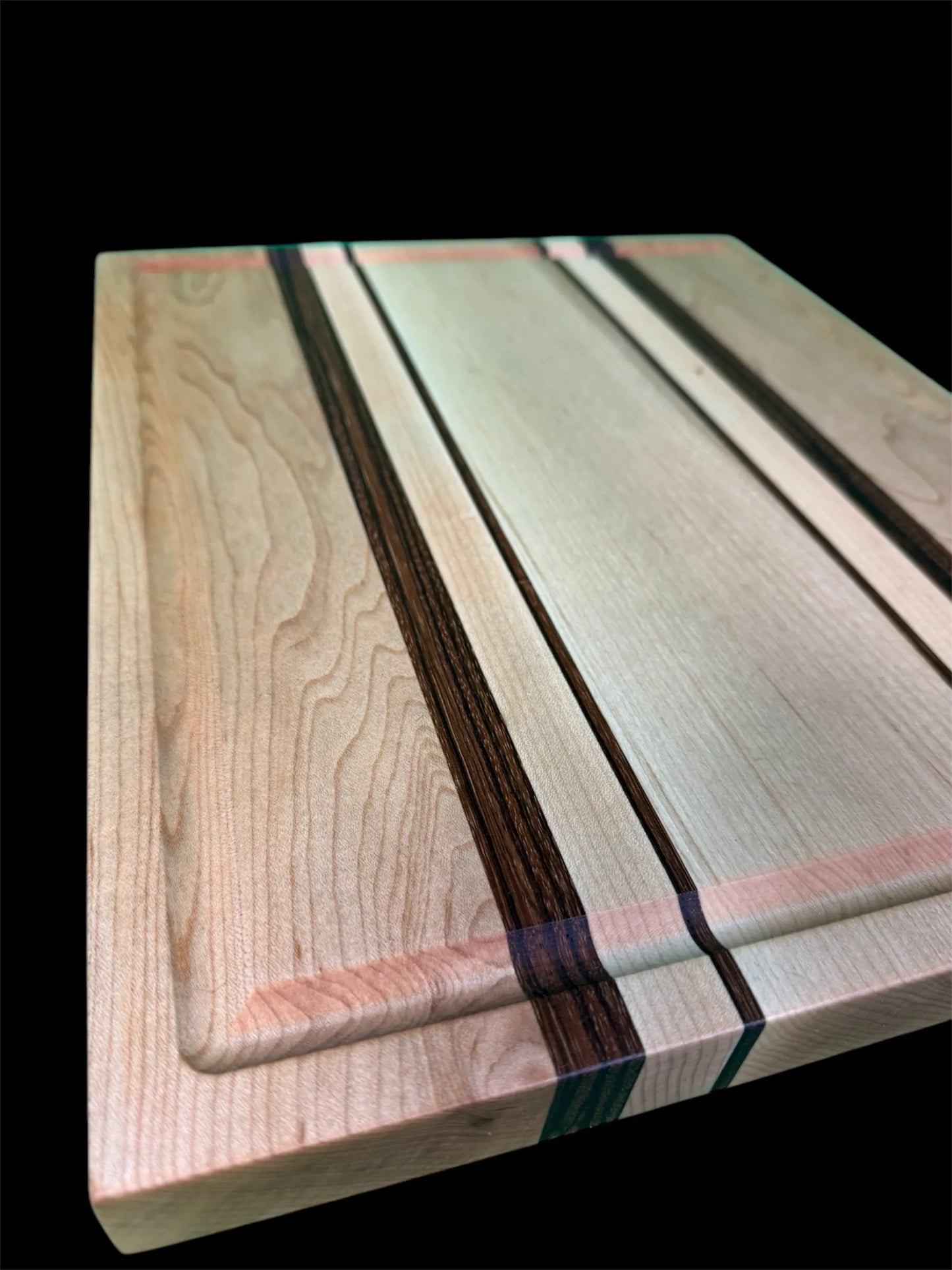 Maple and Zebra Wood Inlay Cutting Board with juice groove